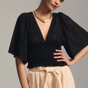 New Anthropologie Plunging V-Neck Smocked Kimono Blouse XS